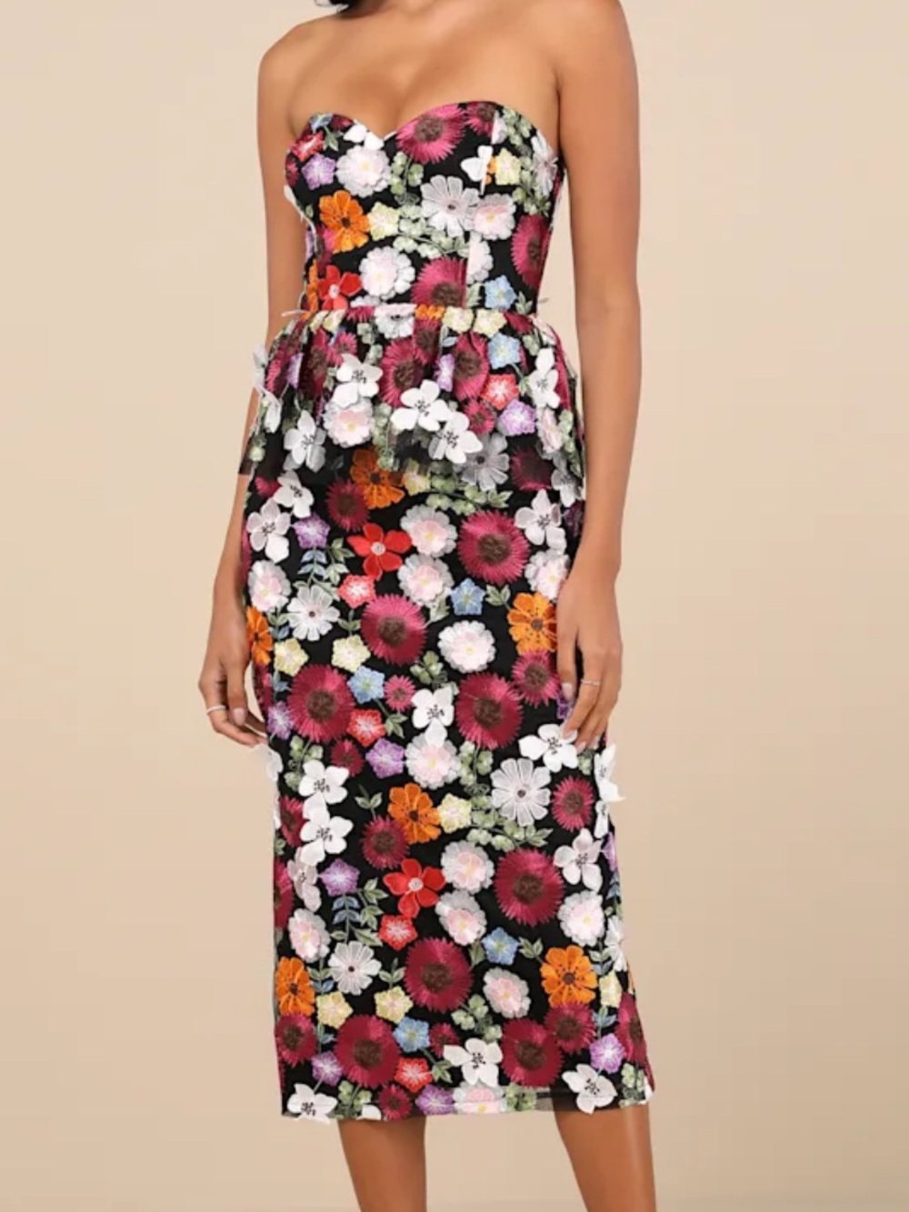 Lulus Strapless Floral Peplum Midi Dress - Black Multi